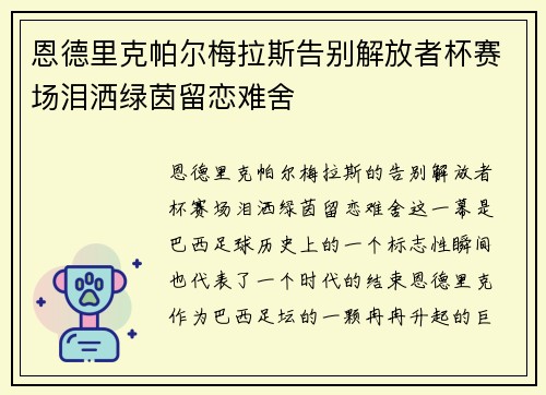 恩德里克帕尔梅拉斯告别解放者杯赛场泪洒绿茵留恋难舍